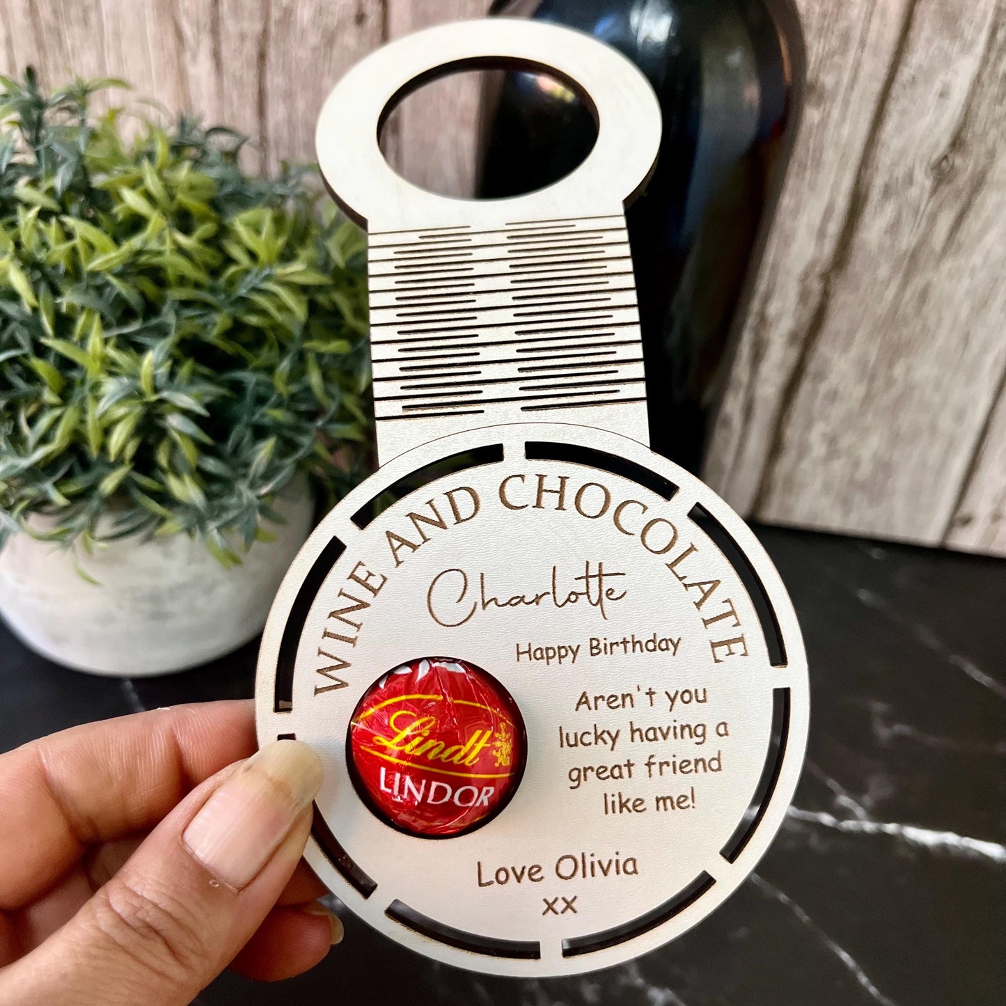 Personalised Birthday Wine Bottle Tag: Lindor Chocolate Holder, Engraved Wood Bottle Topper