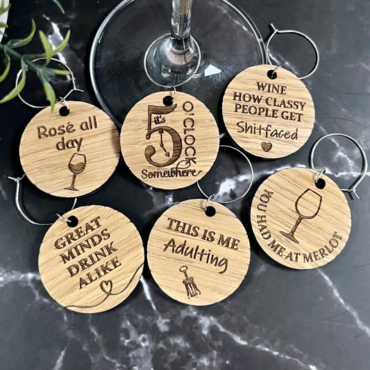 Funny Novelty Oak Wine Glass Charms: Personalised Girls Night Gift Set, Party Glass Tags X6