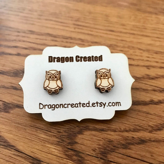Wooden Engraved Owl Stud Earrings: Birch Wood, Hypoallergenic