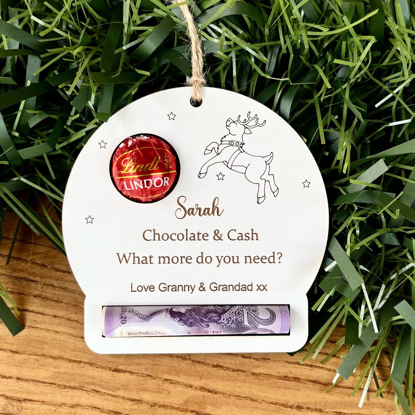 Personalised Reindeer Chocolate & Money Holder: Christmas Tree Decoration, Cash Envelope