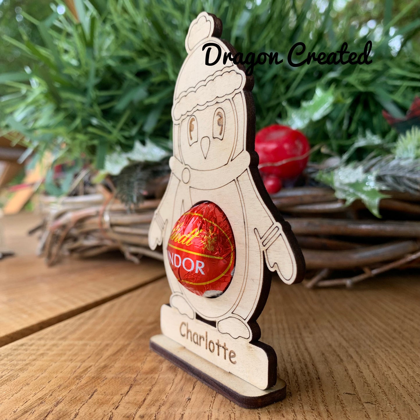 Personalised Wooden Penguin Chocolate Place Setting: Christmas Table Décor, Lindor Chocolate Holder