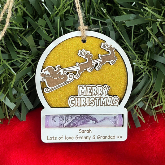 Personalised Reindeer Wooden Christmas Money Holder - Sparkly Xmas Ornament, Cash Envelope