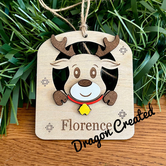 Personalised Reindeer Christmas Ornament: Engraved Birch Wood Stocking Tag, Tree Bauble