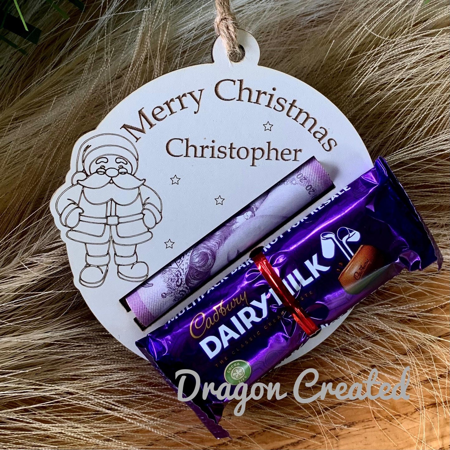 Personalised Christmas Money & Chocolate Holder: Laser Engraved Wooden Bauble