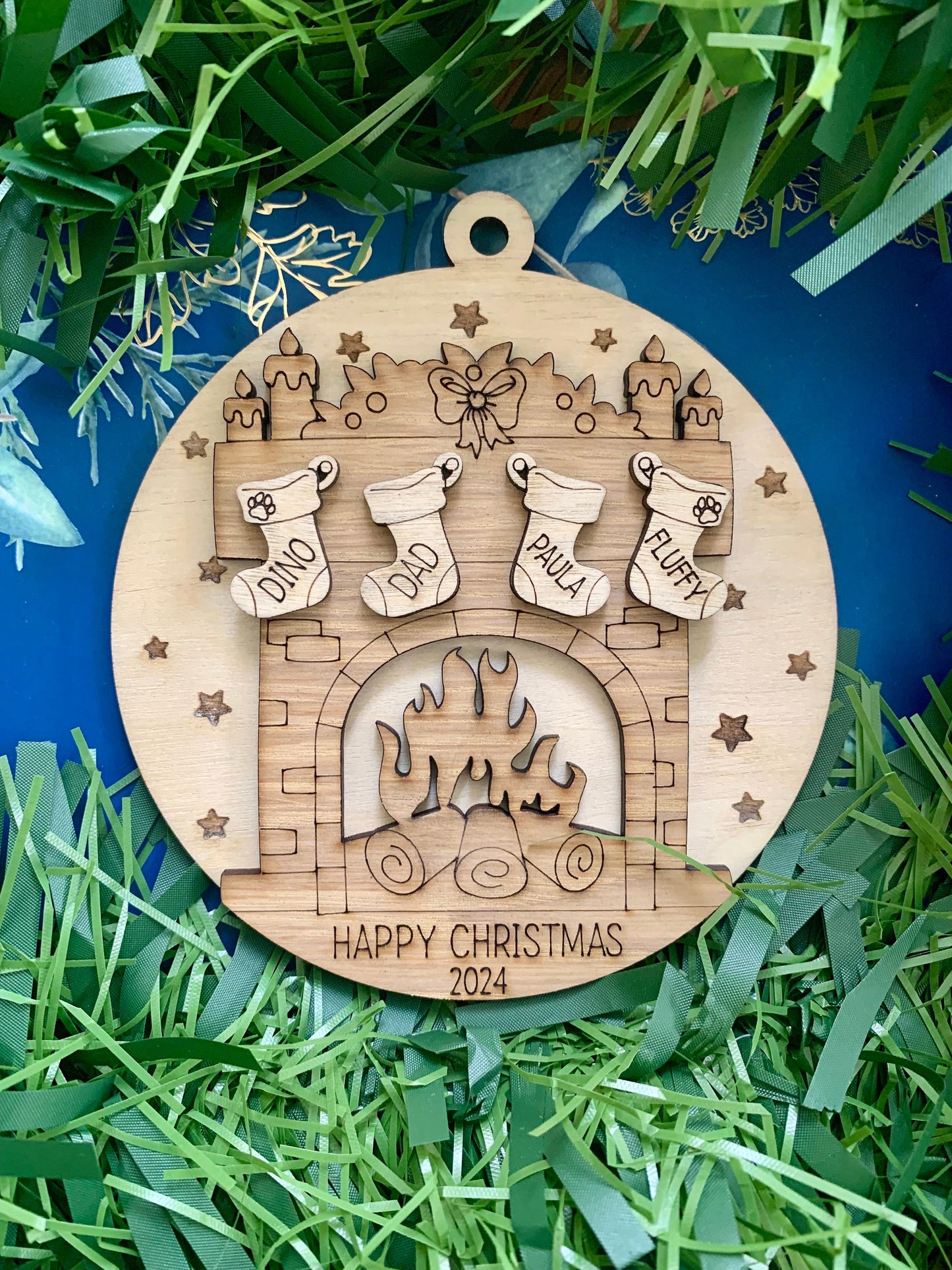 Personalised Family Stocking Ornament: Engraved Birch & Oak Bauble, Family Tree, Grandparent Christmas