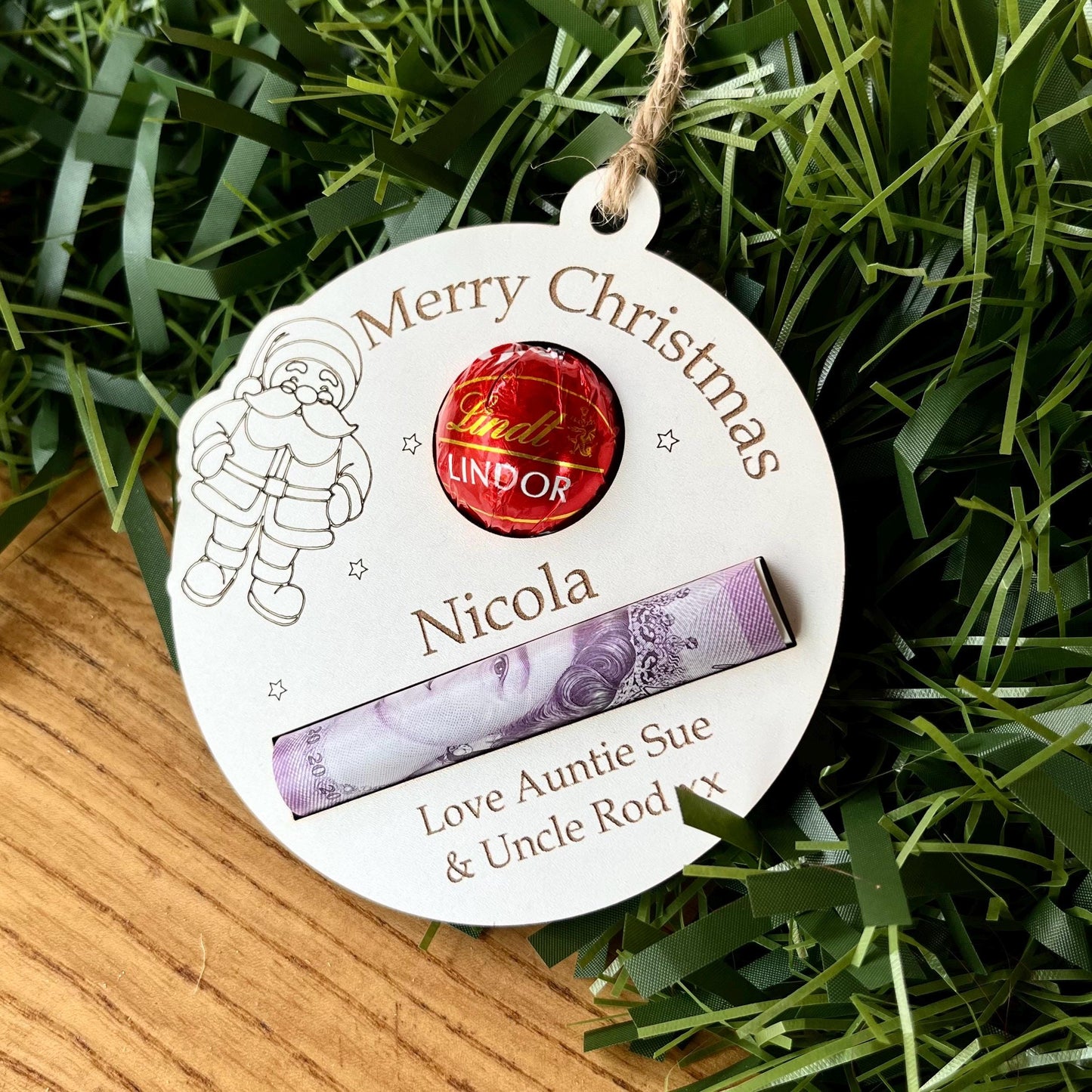 Personalised Christmas Chocolate & Money Holder: Santa Lindor, Engraved Wood, Cash Envelope