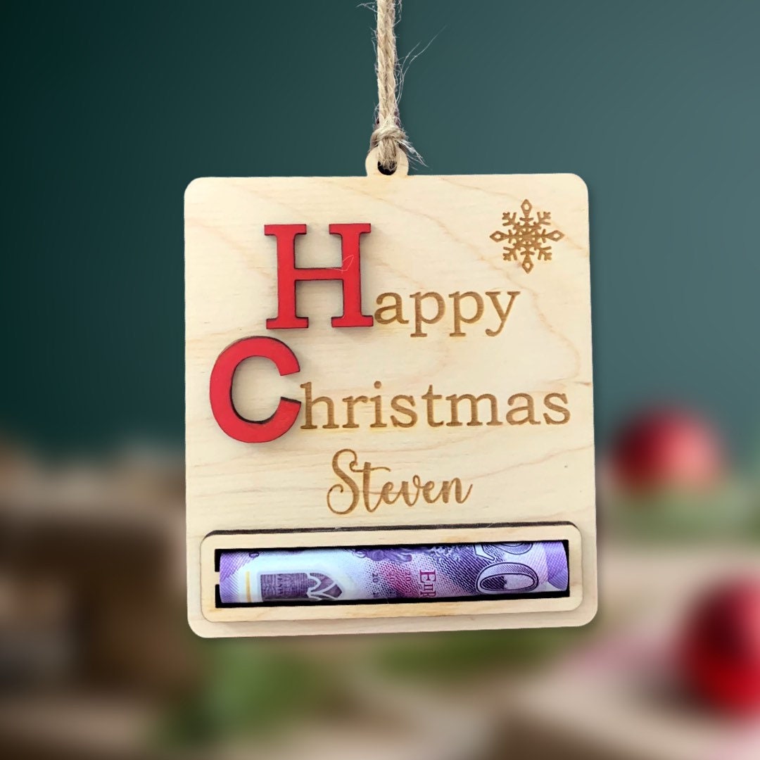 Personalised Christmas Money Holder Ornament: Engraved Bauble Decoration