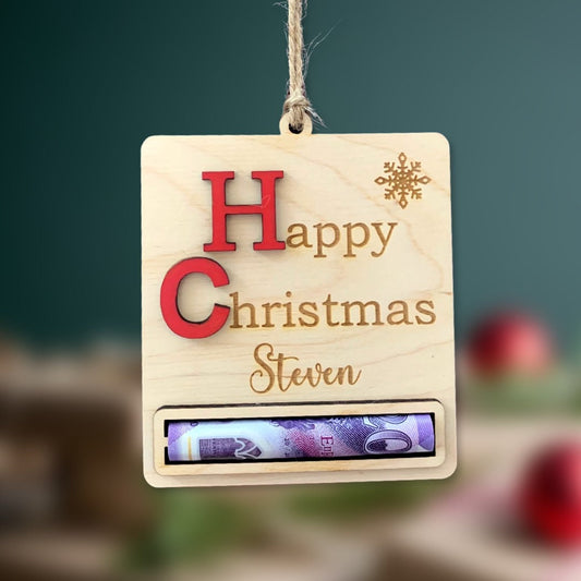 Personalised Christmas Money Holder Ornament: Engraved Bauble Decoration