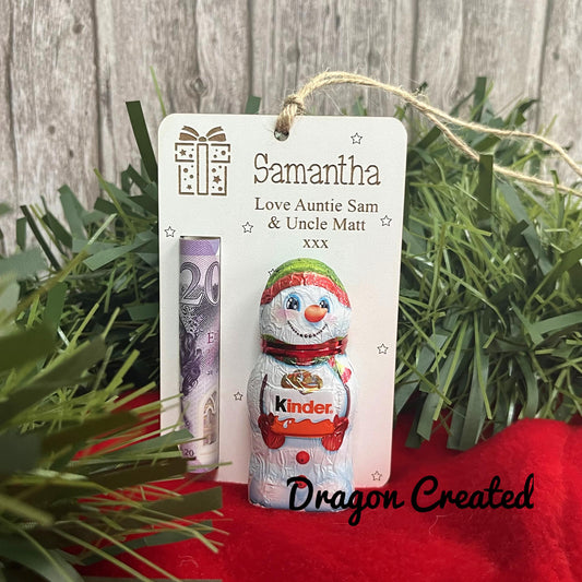 Personalised  Christmas Money & Chocolate Holder - Tree Ornament, Cash Envelope, Lindor Bear, Kinder Snowman
