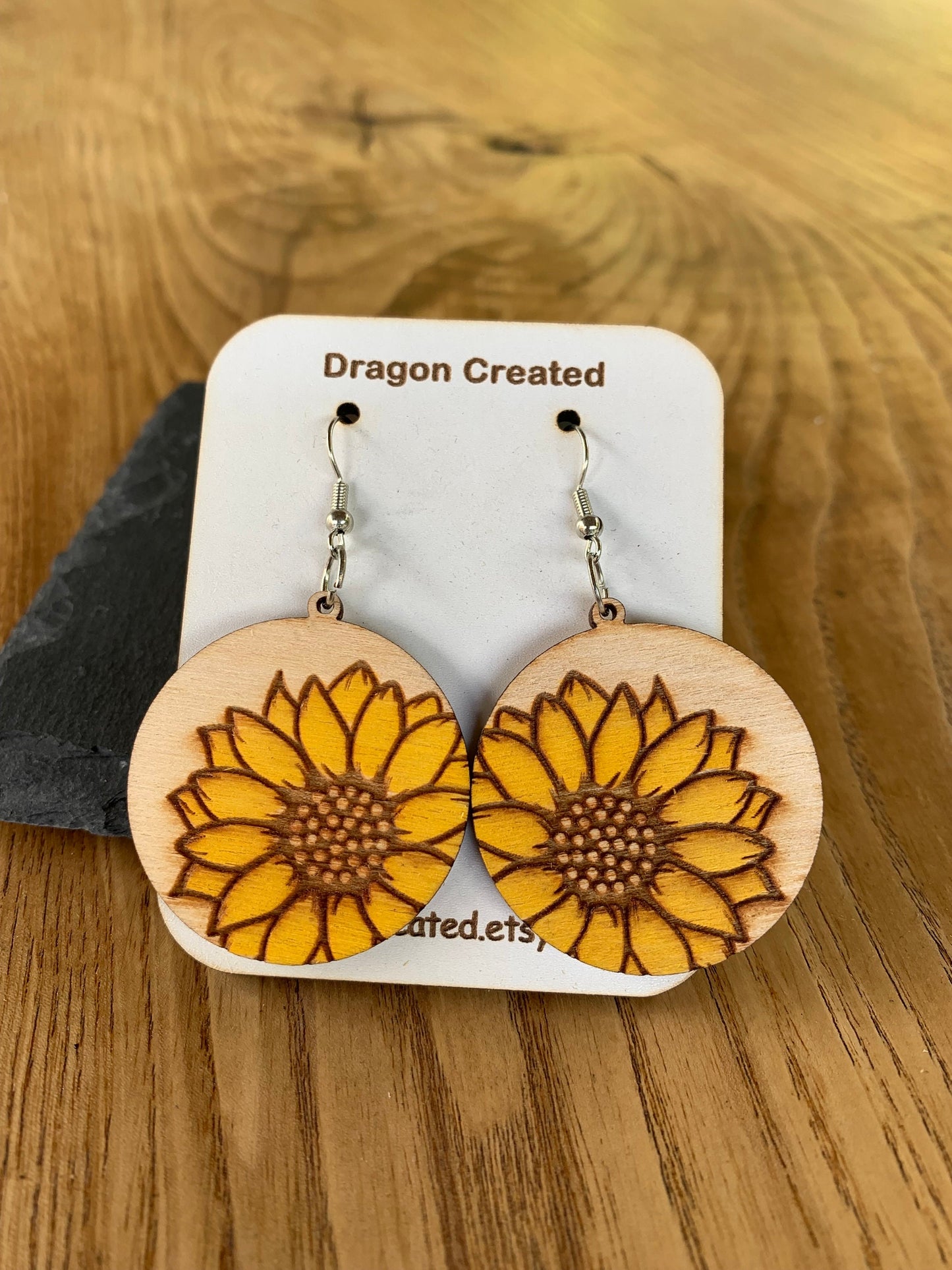 Sunflower Wooden Earrings: Engraved Birch Dangle Earrings