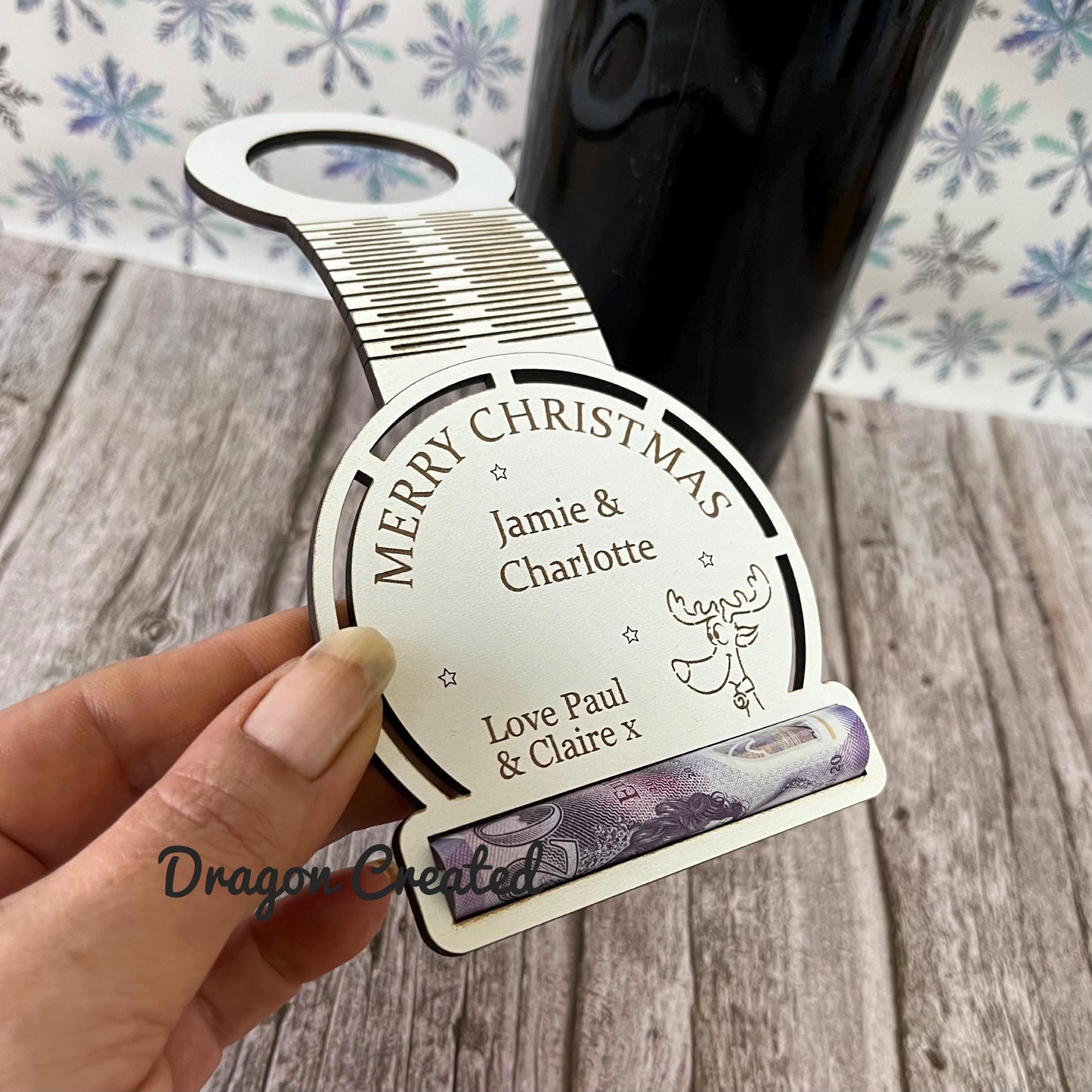 Personalised Christmas Wine Tag with Money Holder: Wooden Cash Gift Envelope