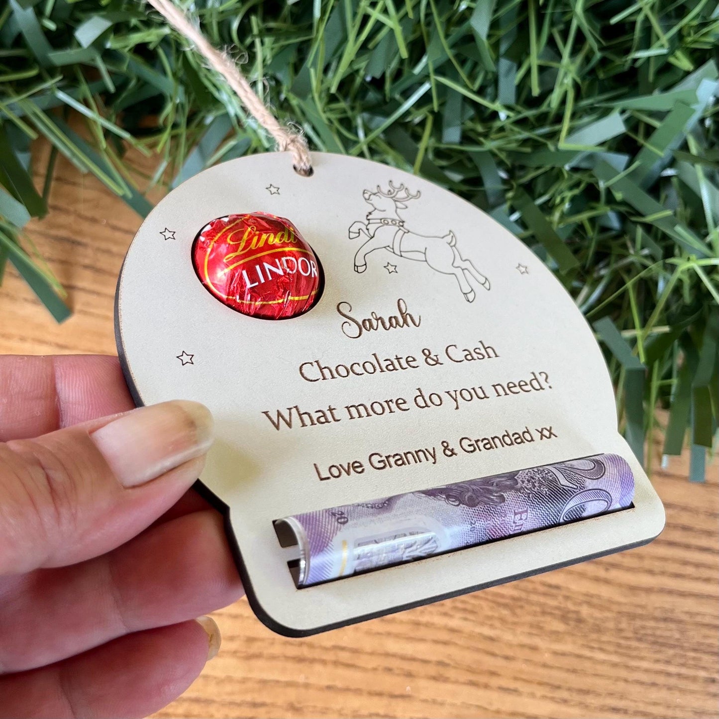 Personalised Reindeer Chocolate & Money Holder: Christmas Tree Decoration, Cash Envelope