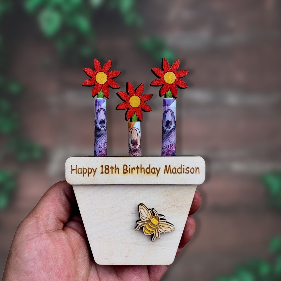 Personalised Birthday Money Holder: Wooden Flower Pot Gift, Cash Envelope