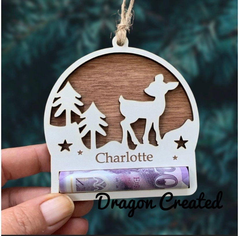 Personalised Christmas Money Holder Ornament: Engraved Wooden Reindeer, Cash Envelope, Tree Decoration