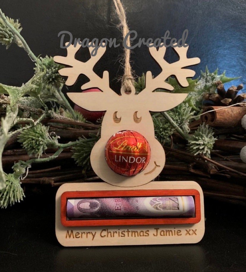 Personalised Reindeer Christmas Ornament: Lindor Chocolate & Money Holder, Cash Envelope