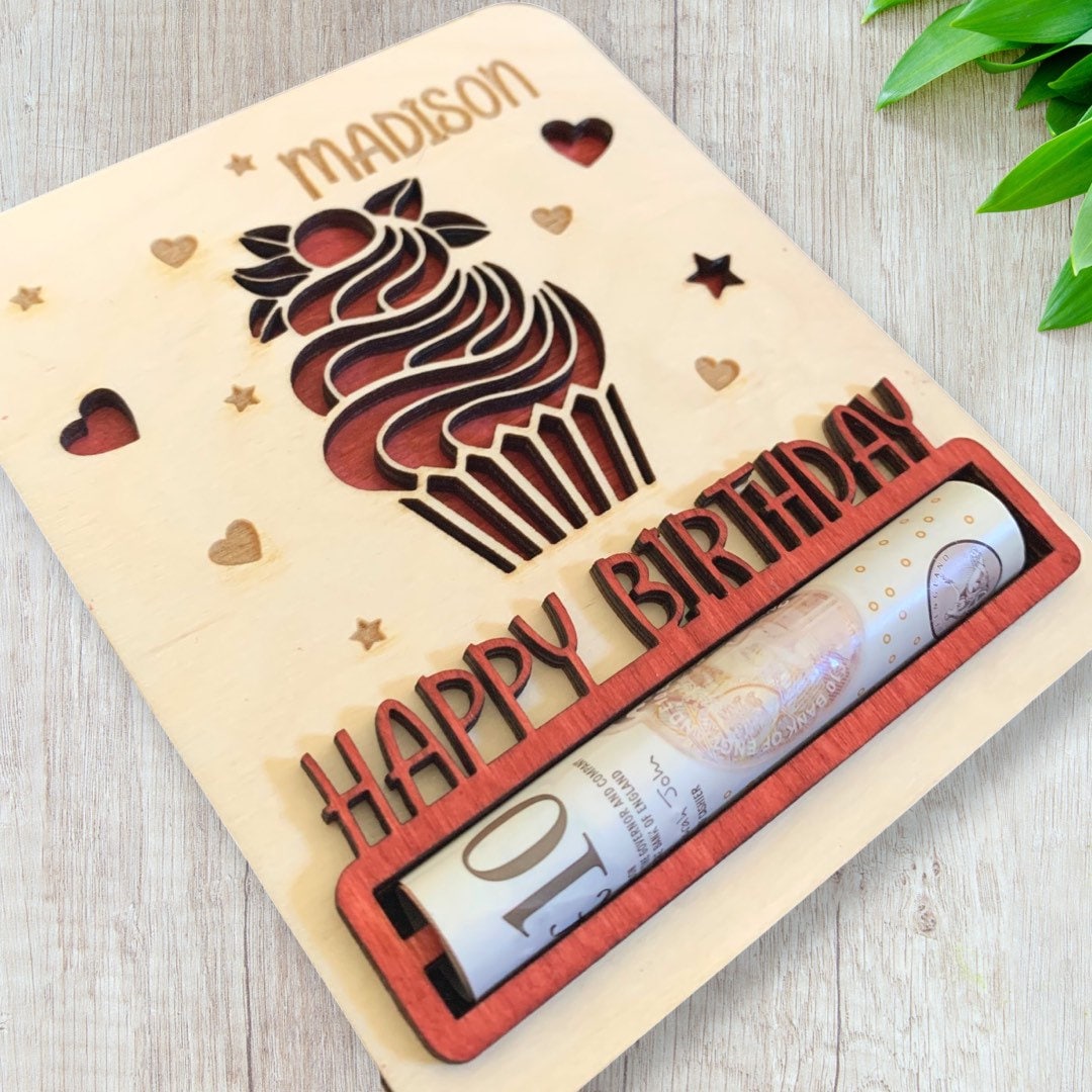 Personalised Birthday Money Holder: Laser Engraved Wooden Gift, Cash Envelope