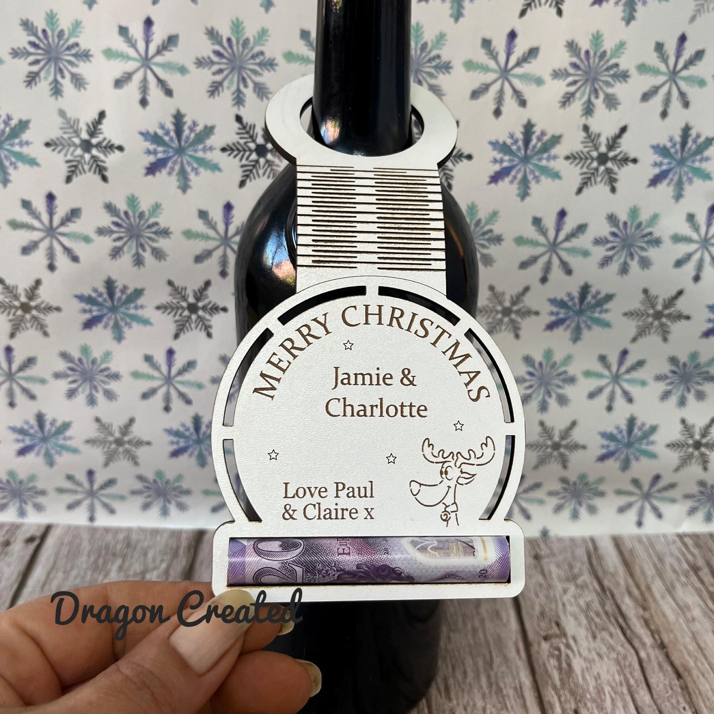 Personalised Christmas Wine Tag with Money Holder: Wooden Cash Gift Envelope