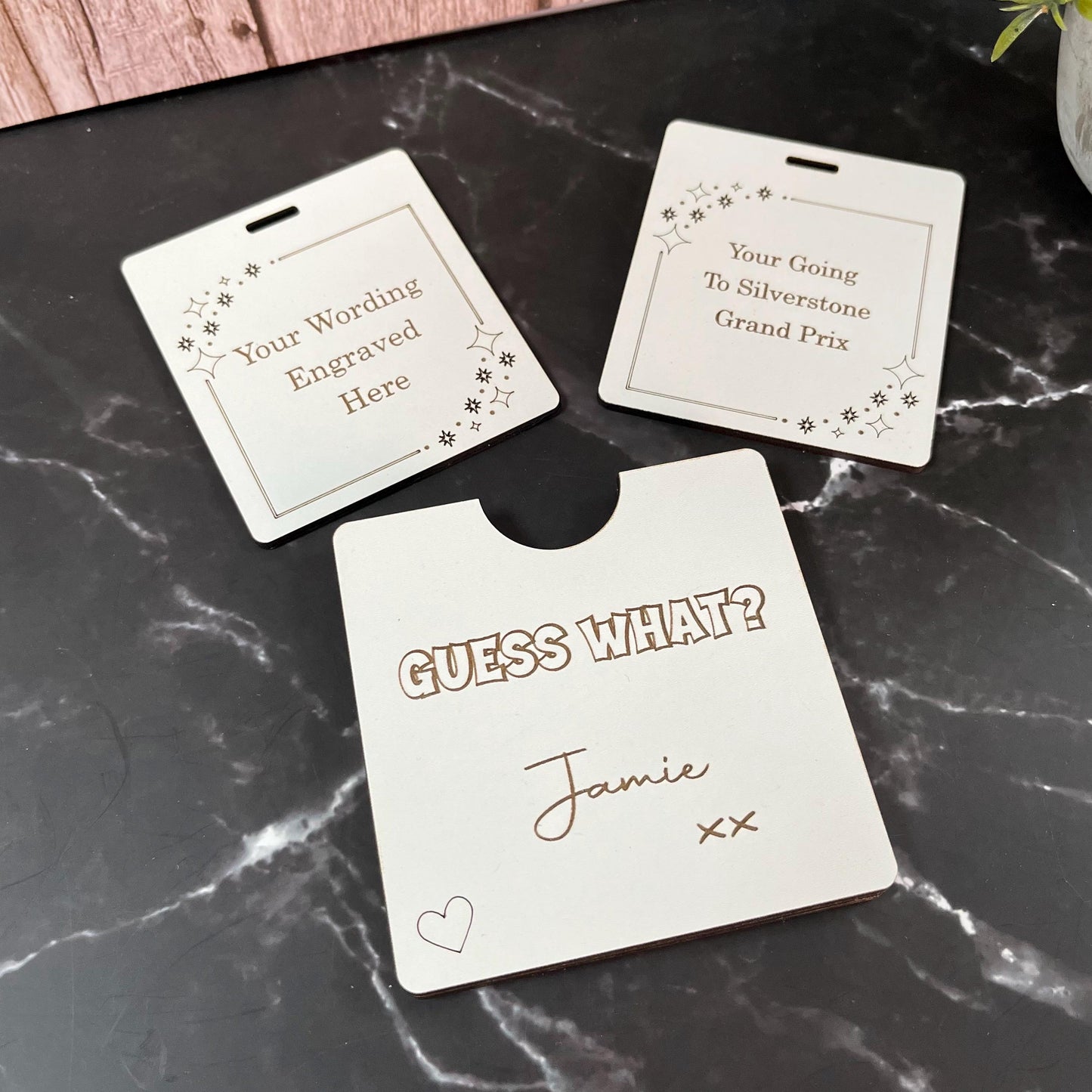 Secret Surprise Reveal, Guess What? Wooden Card, Personalised Love Letter.