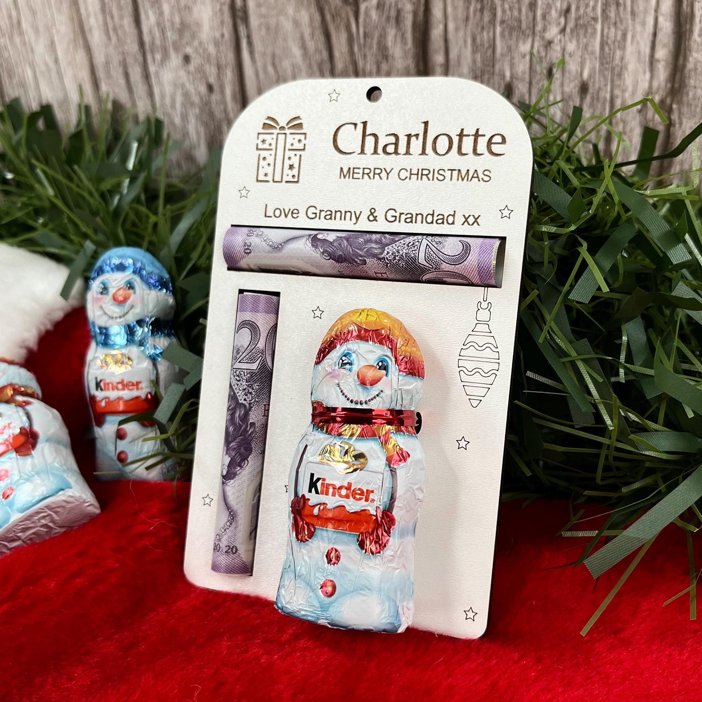 Personalised Christmas Money And Chocolate Kinder Snowman Holder