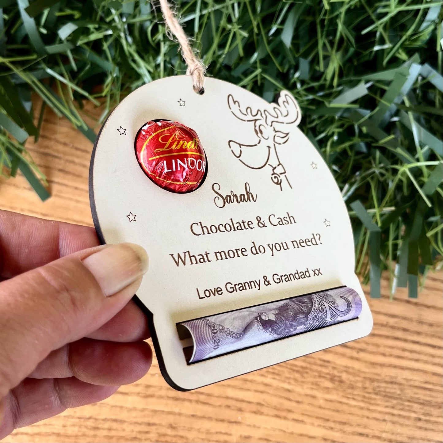 Personalised Reindeer Chocolate & Money Holder: Christmas Tree Decoration, Cash Envelope