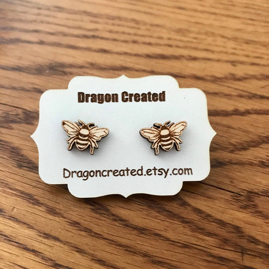 Engraved Bumblebee Stud Earrings: Birch Wood Bee Jewelry
