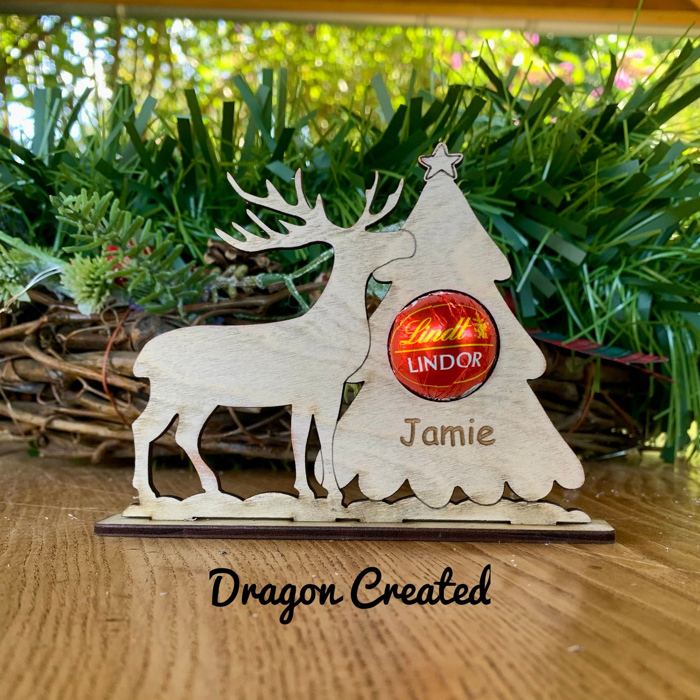 Personalised Reindeer Chocolate Place Setting: Engraved Wooden Christmas Decor