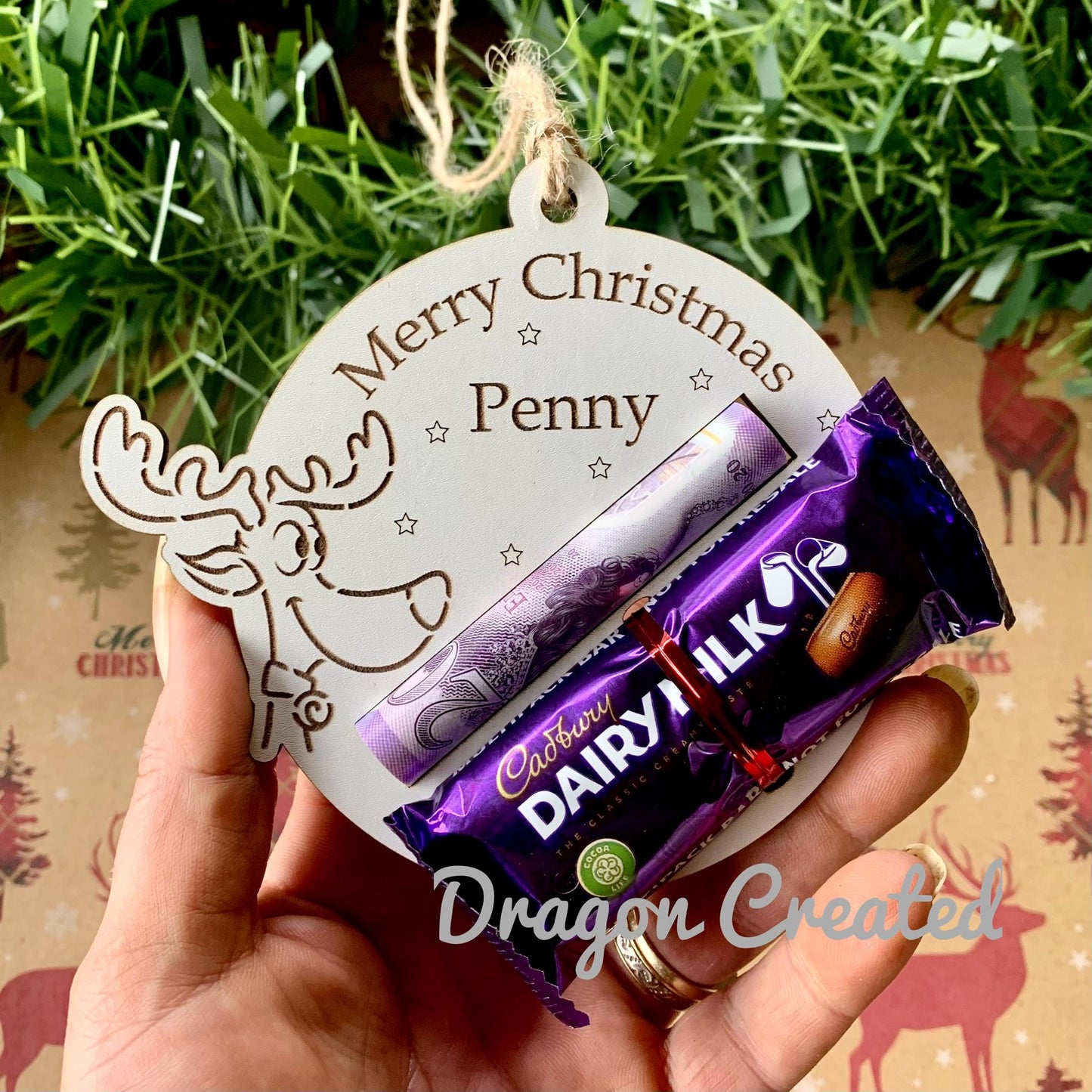 Personalised Reindeer Chocolate & Money Holder: Wooden Christmas Ornament