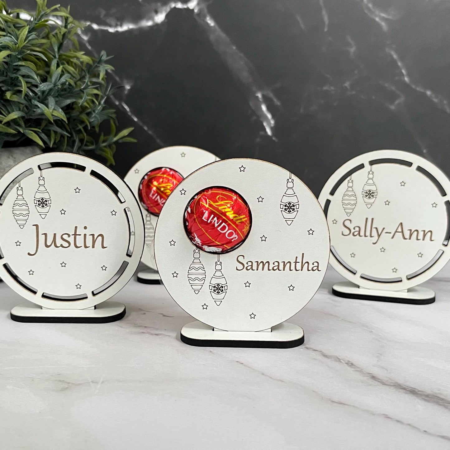 Personalised Christmas Table Place Settings, Chocolate Lindor Holder, Place Card: Laser Engraved Wooden Table Decoration