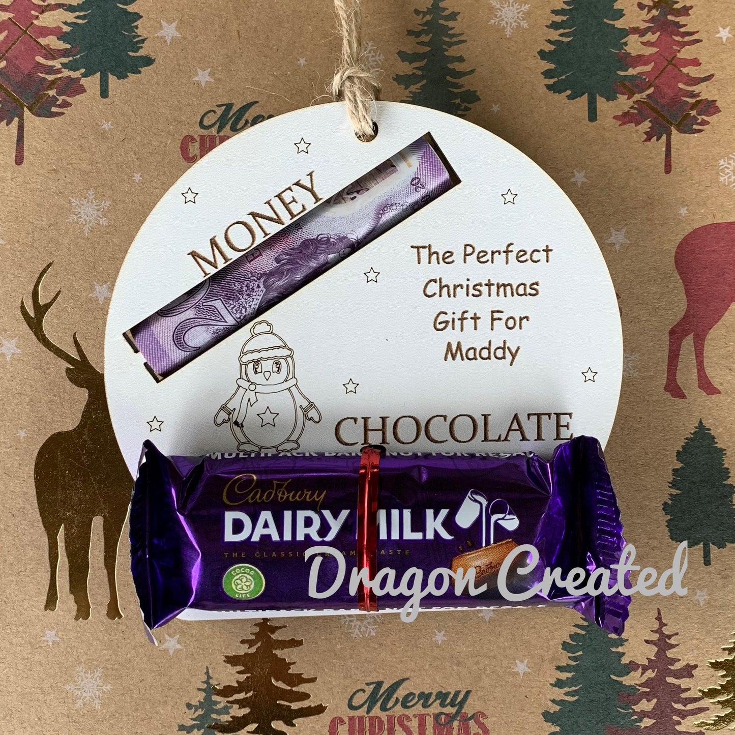 Personalised Christmas Money & Chocolate Holder: Engraved Wood Bauble