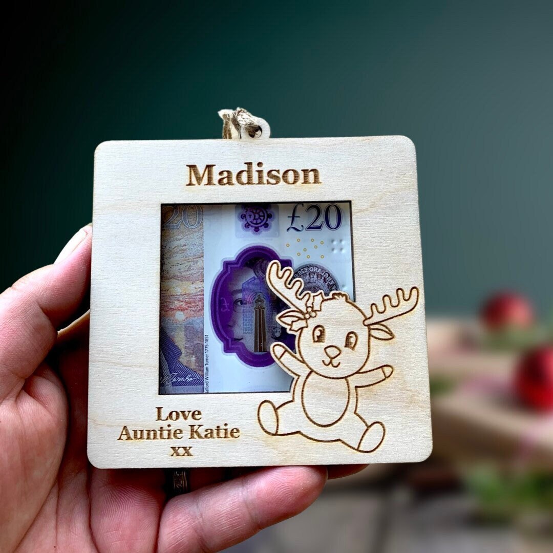 Personalised Christmas Money Holder Ornament: Engraved Birch Wood Gift Wallet, Cash Envelope