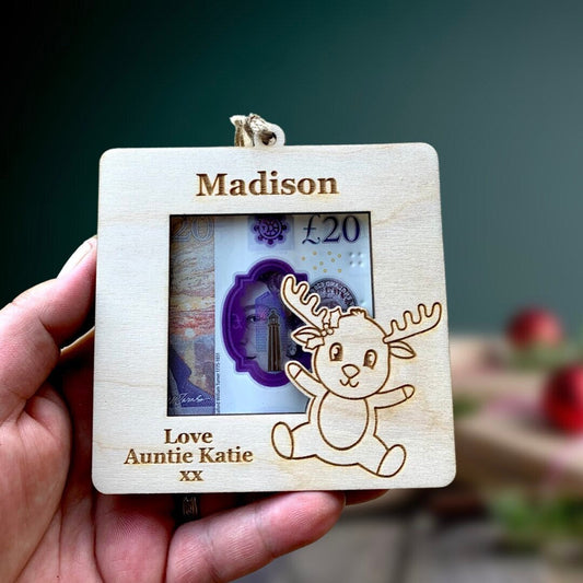 Personalised Christmas Money Holder Ornament: Engraved Birch Wood Gift Wallet, Cash Envelope