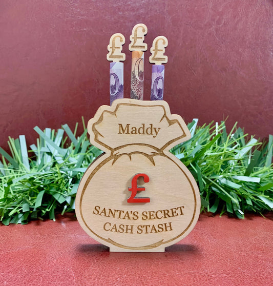 Personalised Santa Sack Money Holder: Wooden Christmas Cash Gift Envelope