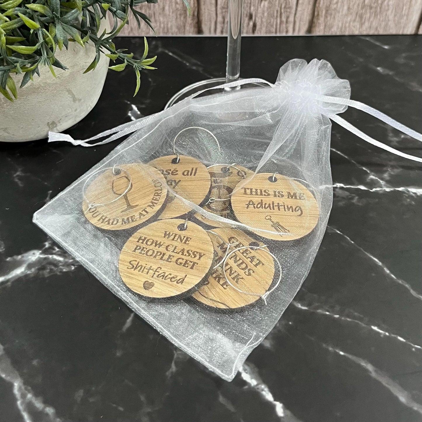 Funny Novelty Oak Wine Glass Charms: Personalised Girls Night Gift Set, Party Glass Tags X6