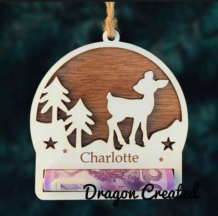 Personalised Christmas Money Holder Ornament: Engraved Wooden Reindeer, Cash Envelope, Tree Decoration