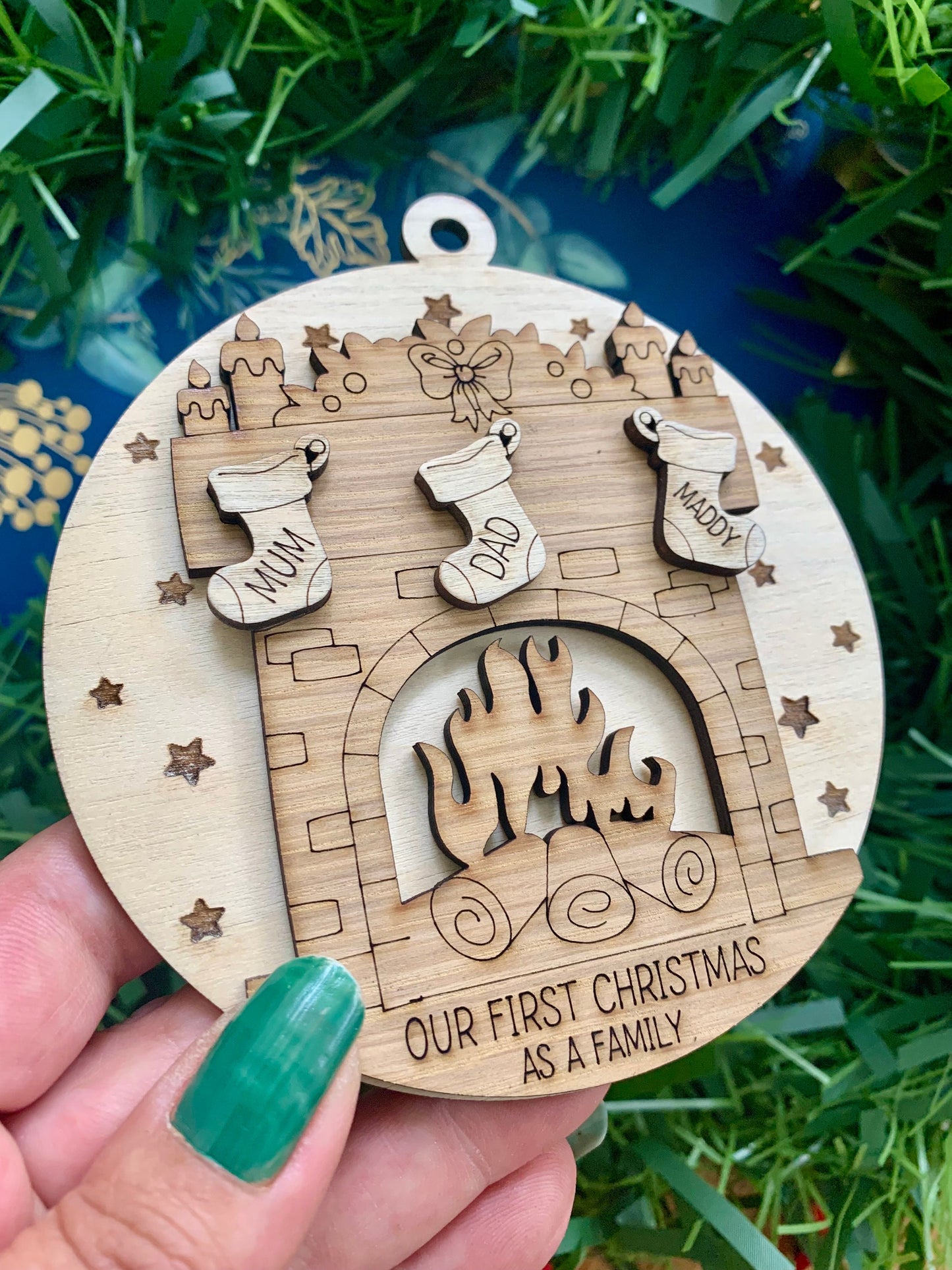 Personalised Family Stocking Ornament: Engraved Birch & Oak Bauble, Family Tree, Grandparent Christmas
