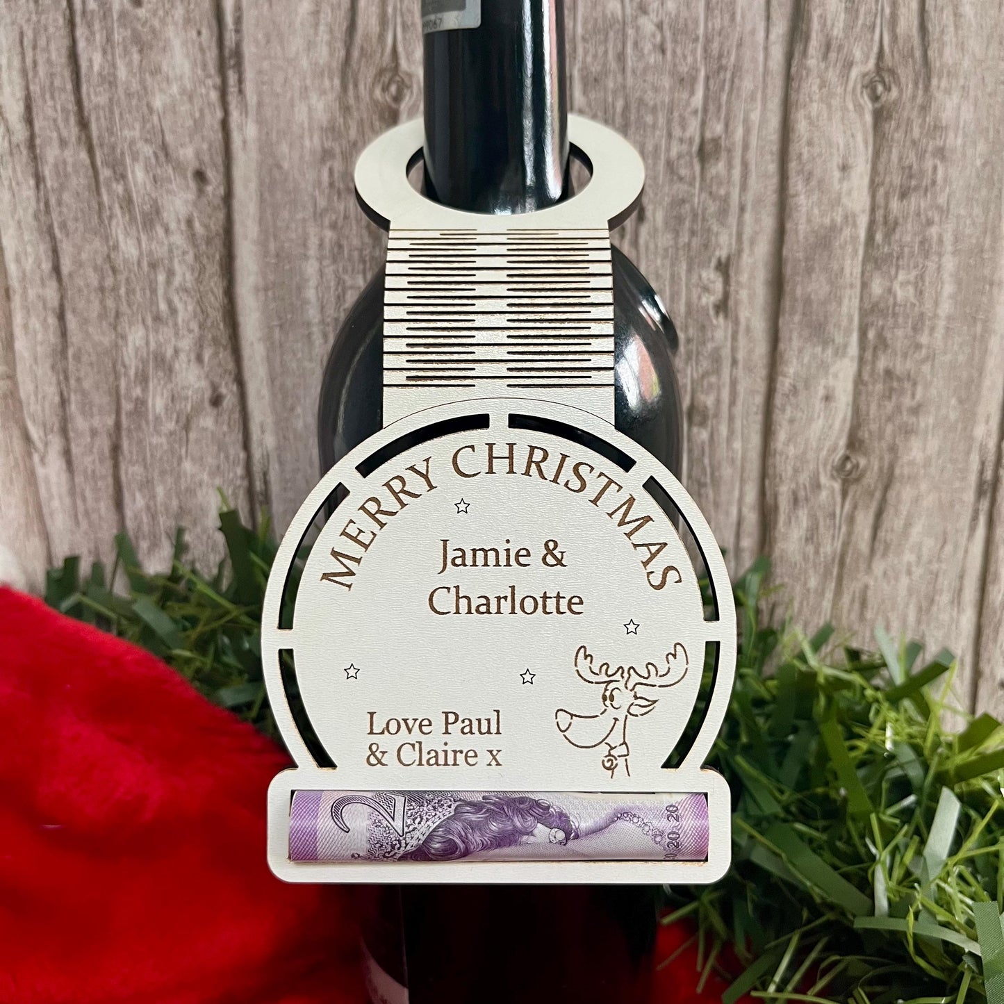 Personalised Christmas Wine Tag with Money Holder: Wooden Cash Gift Envelope