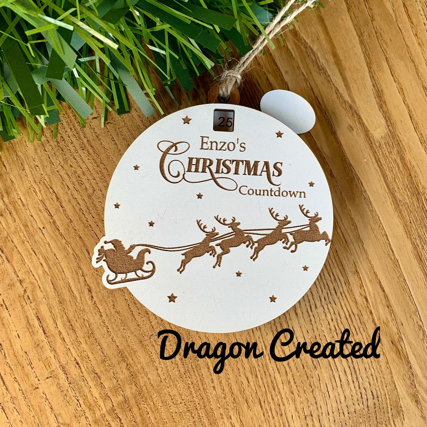 Christmas Countdown, Personalised Sliding Wooden Advent Calendar, Santa Sleigh Bauble Personalised
