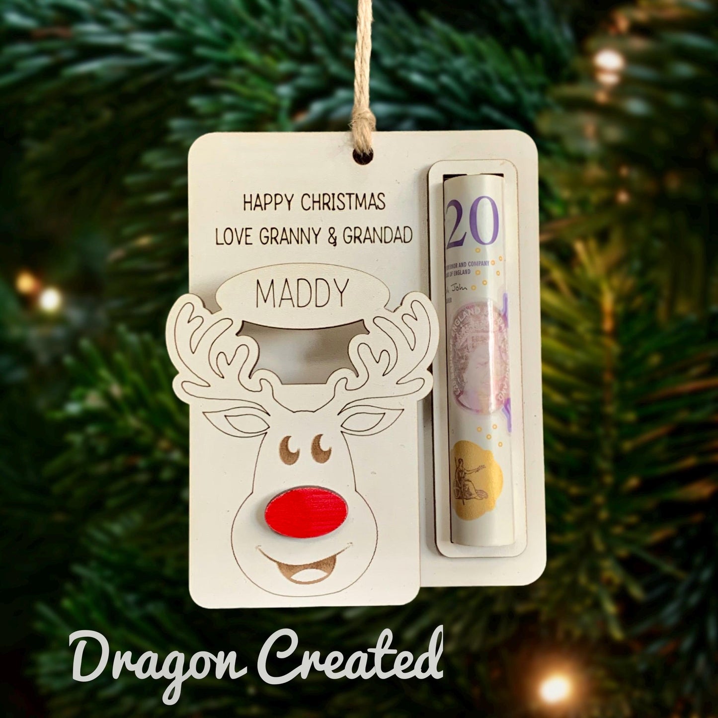 Personalised Reindeer Money & Chocolate Holder: Laser Engraved Wood Christmas Ornament
