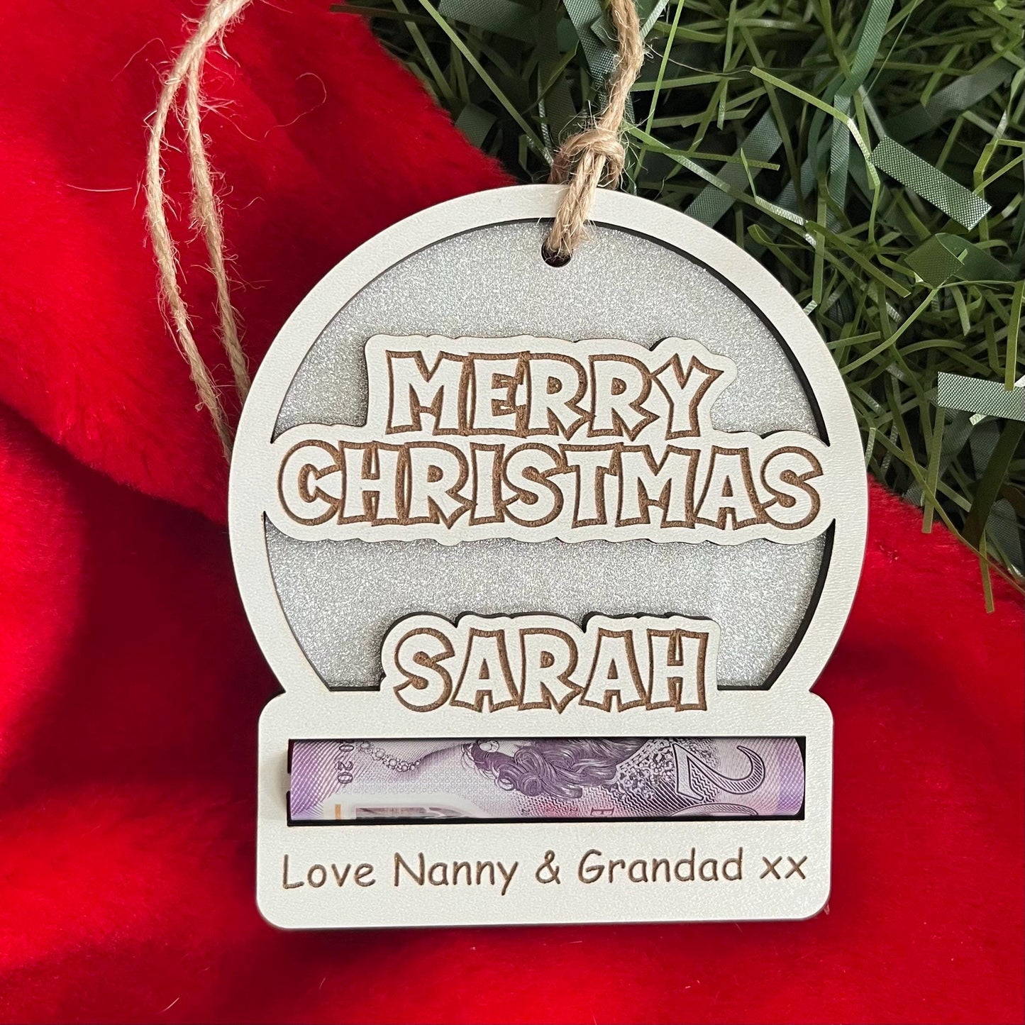 Personalised Merry Christmas Sparkly money holder. Wooden Cash Envelope, Christmas Tree Decoration. Xmas Cash
