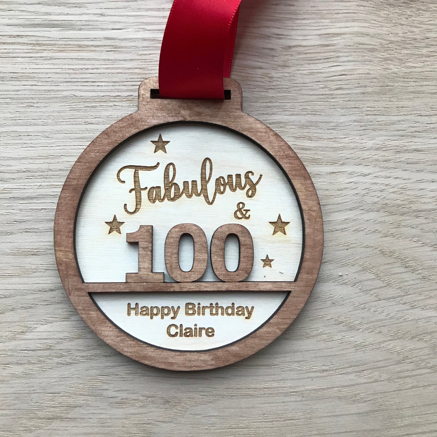 Personalised 100th Birthday Award Medal: Laser Engraved Wood