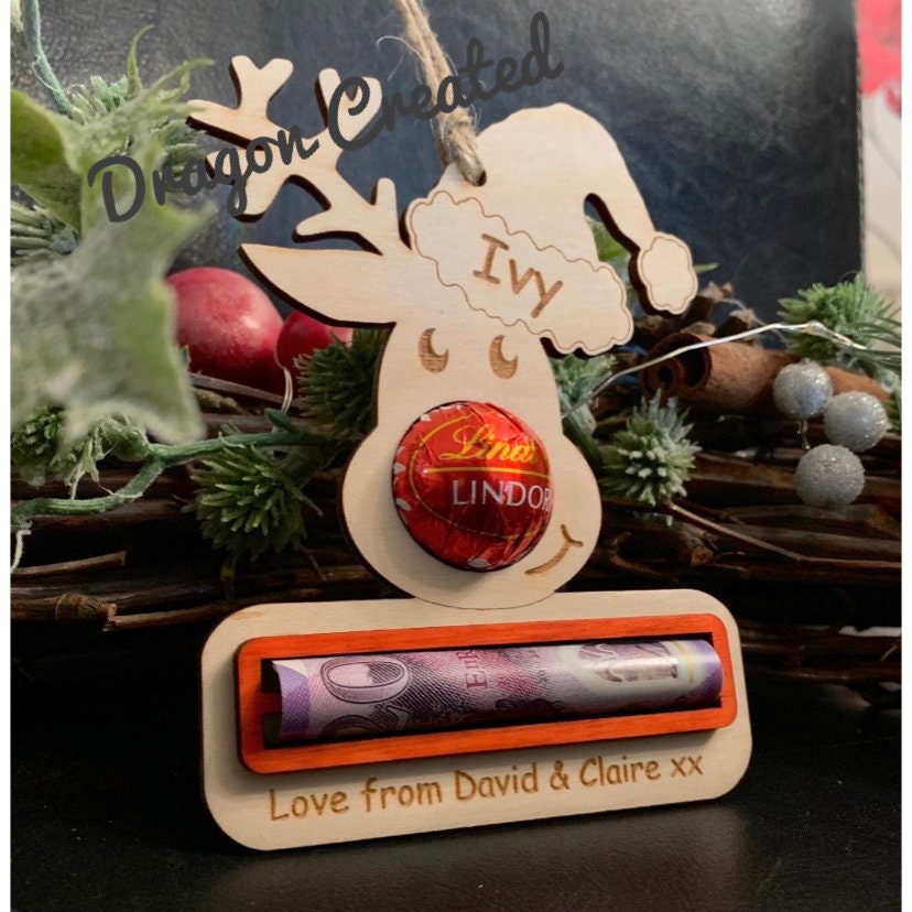 Personalised Christmas Money Holder Ornament: Reindeer Chocolate Bauble
