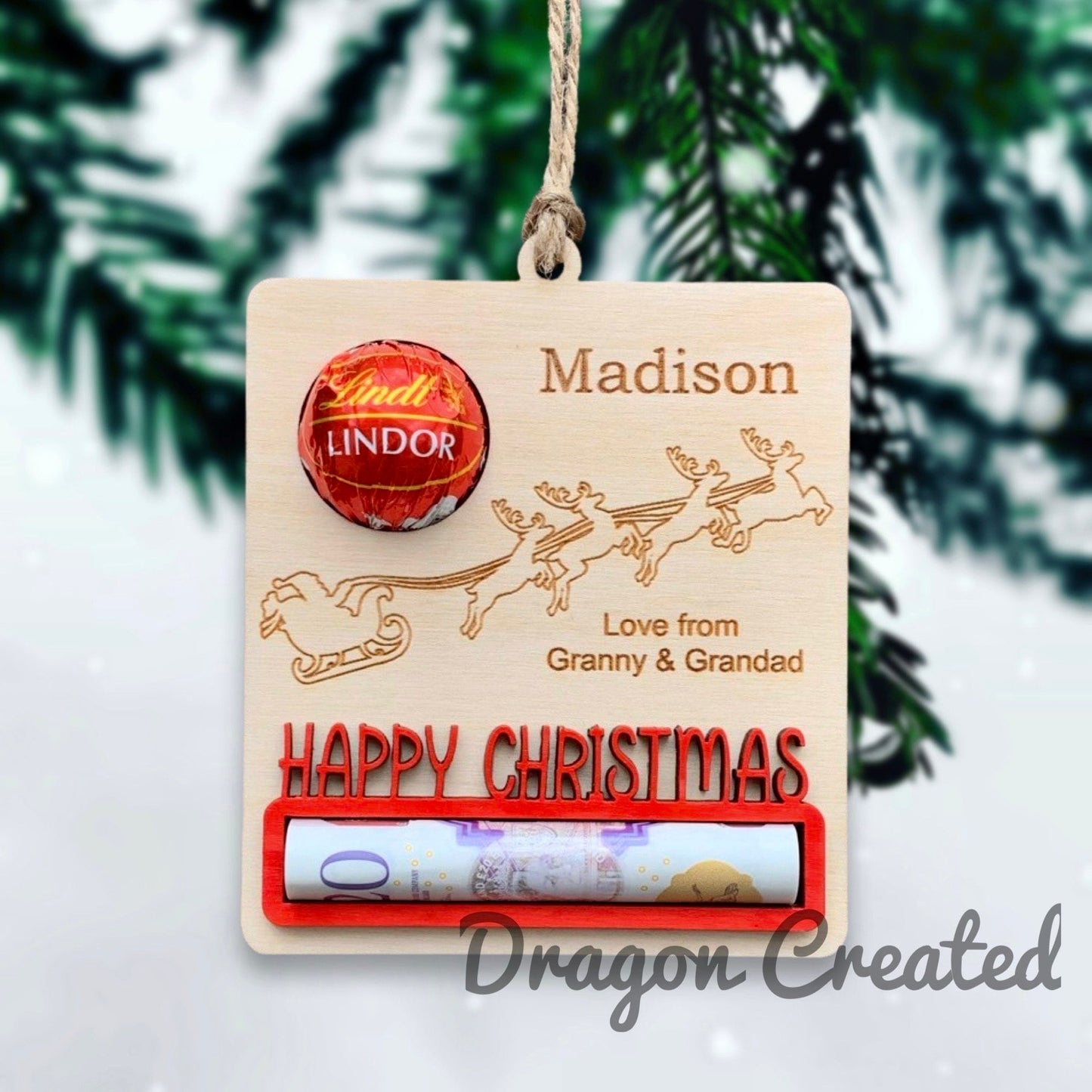 Personalised Christmas Money Holder Ornament: Engraved Birch Wood Bauble, Cash envelope