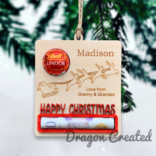 Personalised Christmas Money Holder Ornament: Engraved Birch Wood Bauble, Cash envelope