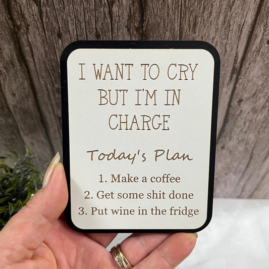 Funny Fridge Magnet: Wood Laser Engraved Quote, I Want To Cry But I’m In Charge, Funny Mum Quote