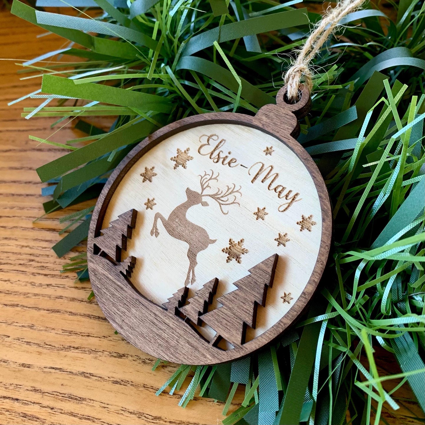 Personalised Wooden Reindeer Christmas Ornament: Engraved Bauble, Tree Decoration