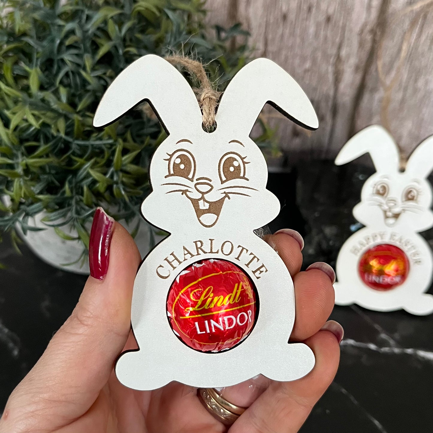 Easter Bunny Personalised Chocolate Holder: Wooden Easter Basket Decoration, Lindor, Lindt Chocolate, Egg Hunt