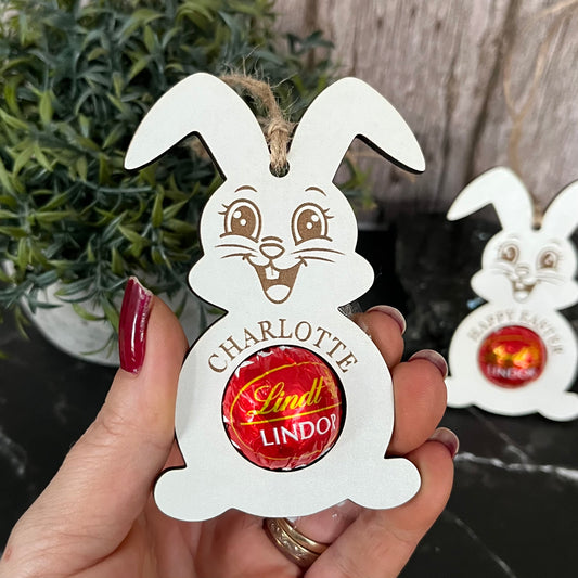 4 x Easter Bunny Personalised Chocolate Holders: Wooden Easter Basket Decoration, Lindor, Lindt Chocolate, Egg Hunt