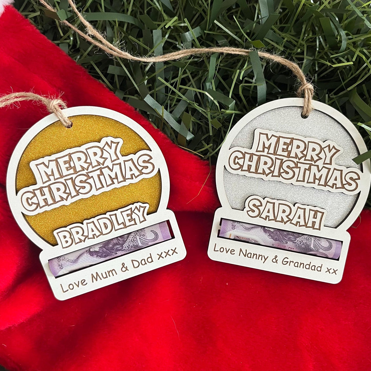 Personalised Merry Christmas Sparkly money holder. Wooden Cash Envelope, Christmas Tree Decoration. Xmas Cash