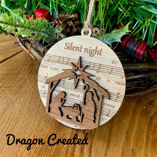 Silent Night Wooden Bauble, Christmas Tree Ornament, Christmas Carol, Nativity
