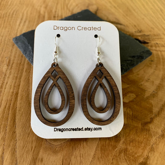 Dangle Swirl Wooden Earrings - Lightweight hyper allergenic Earrings - handmade Drop Earring - Dangly Silver